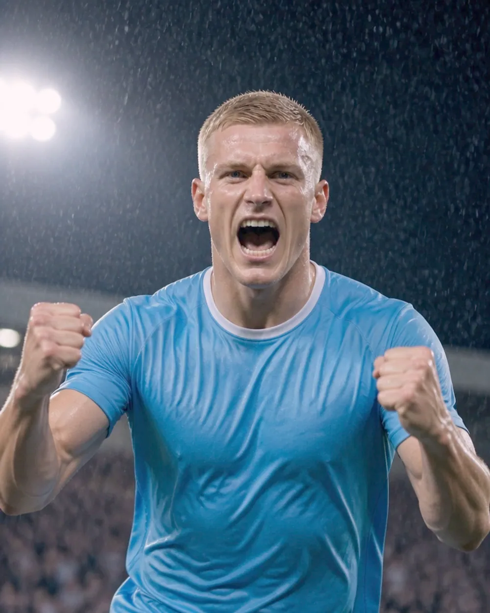 Erlin roaring with both arms raised after scoring, rain in the floodlights