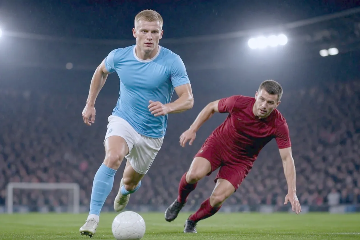 Erlin sprinting clear with the ball at his feet, a defender beaten