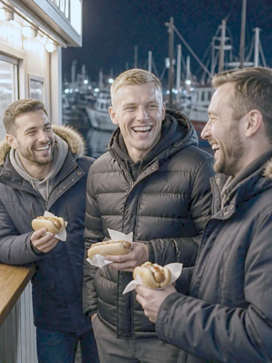 Erlin laughing with friends at a hot dog stand by the harbour at night