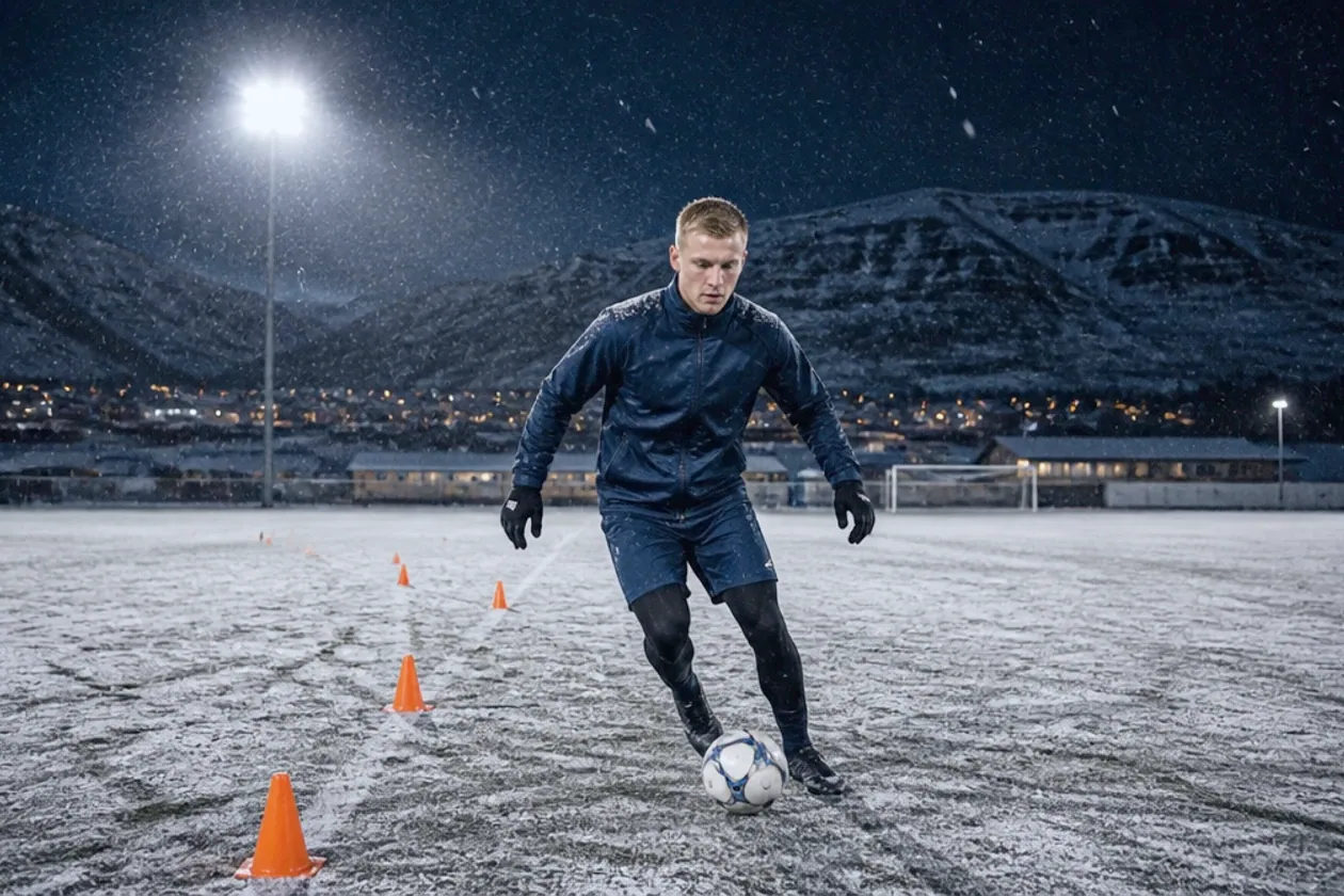 Erlin training alone through cones on a snow-covered pitch under floodlights