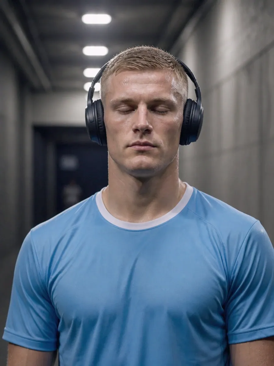 Erlin in the tunnel before kick-off, eyes closed, headphones on