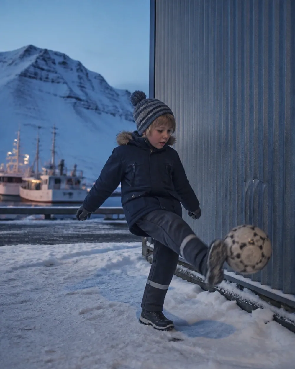 A boy kicking a ball against the metal wall of a harbour shed in the snow at dusk